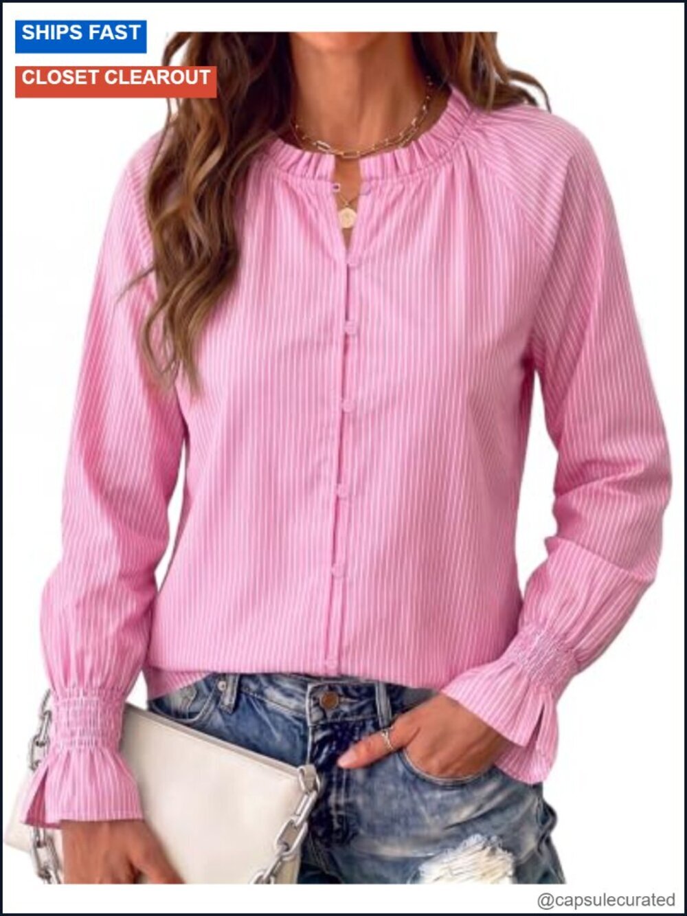 Striped Long Sleeve Button Down Blouse with Ruffle Collar - Womens Dressy